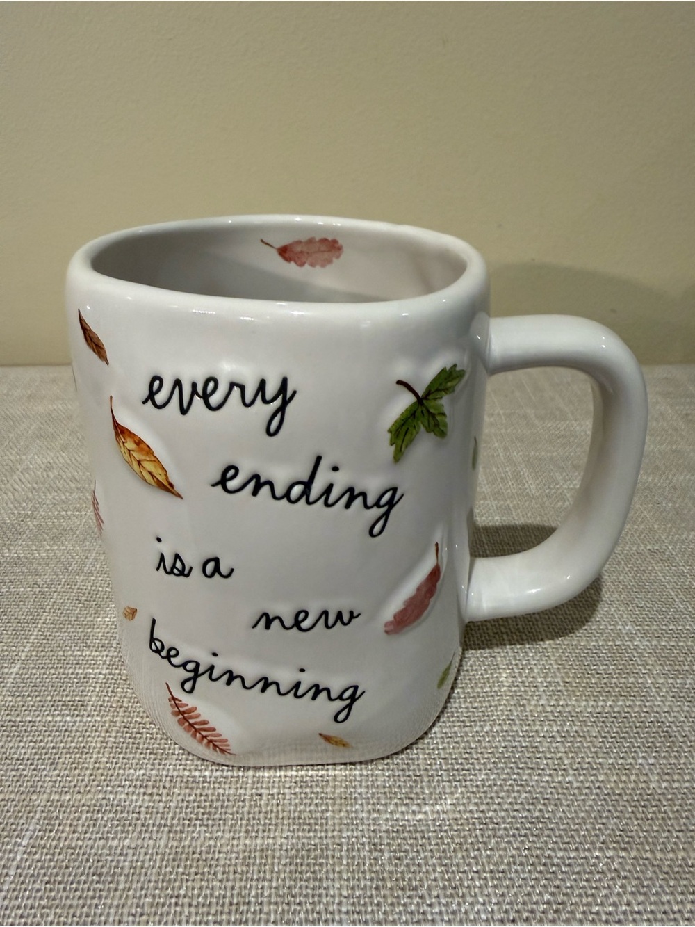 Rae Dunn Every Ending is a New Beginning Fall Mug Embossed Leaves